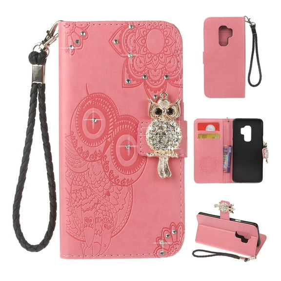 Galaxy S9 Case, Allytech Premium Leather Glitter Owl Kickstand Folio Hand Strap Women Girls Magnetic Closure Shockproof Cards Holder Wallet Case Cover for Samsung Galaxy S9, Pink