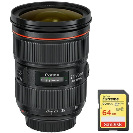 Canon (5175B002) EF 24-70mm f/2.8L II USM Lens with 64GB Extreme SD Memory UHS-I Card w/ 90/60MB/s