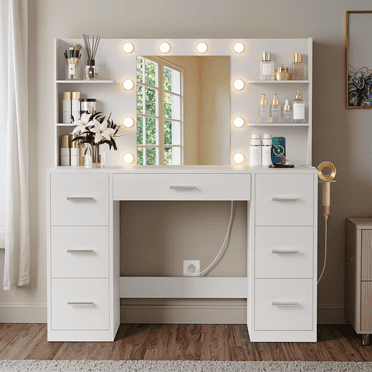 Lumihaven Vanity Desk with Adjustable Lighted Mirror, Vanity Table Set with Drawers & Storage Shelves, Makeup Vanity for Bedroom Dressing Room, White