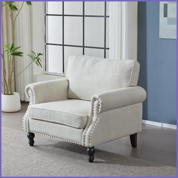 40.16'' Traditional Faux Leather Single Sofa with Nailhead Trim, 22'' Deep Seat Rolled Arm for Living Room, Beige
