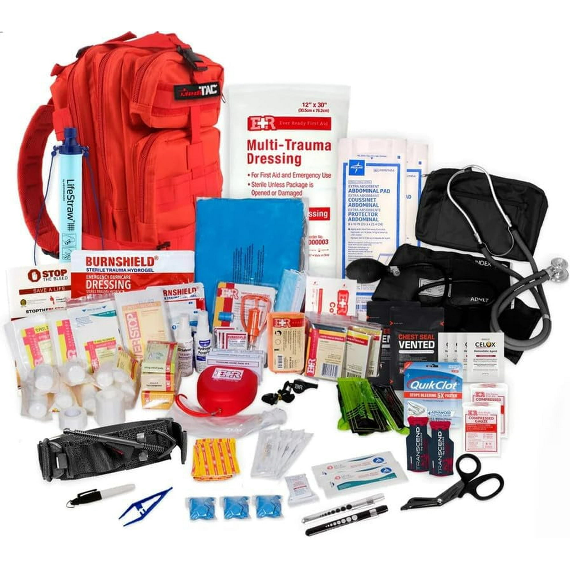 MEDITAC Rucksack Trauma Kit Feat. Tight Bandage, Chest Seal, Israeli Bandage and Gauze Dressing – Red