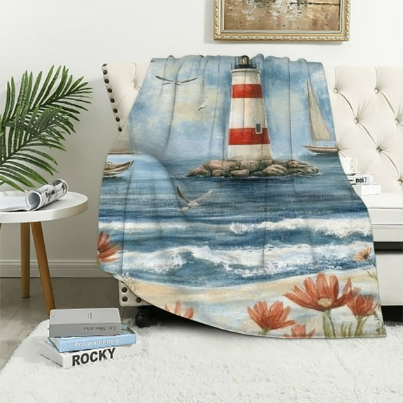 BCIIG Lighthouse Flannel Throw Blanket, Cozy Lightweight Thick Nautical Blanket - Birthday for Women, Men and Kids Bedroom Living Room Couch Sofa Decor 40x50in