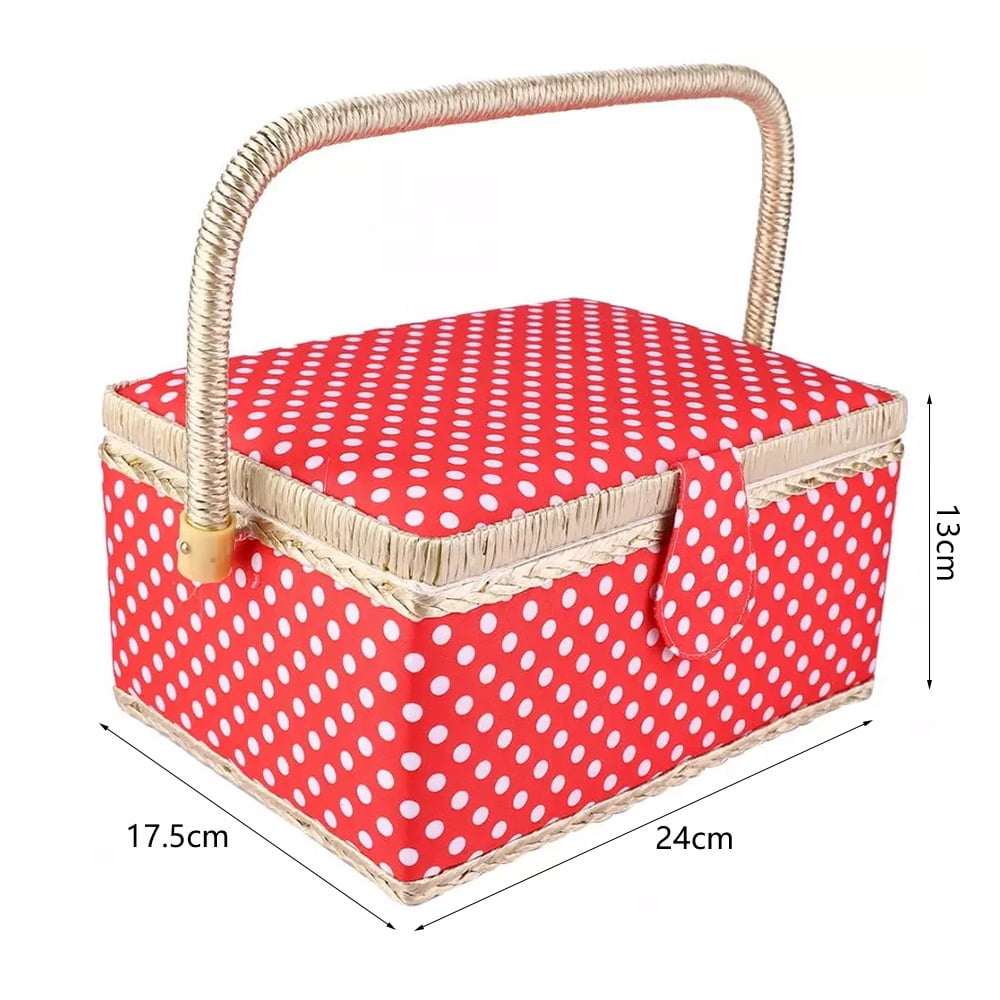 Red Portable Large Sewing Basket Fabric Craft Thread Needle Storage Box Organizer 