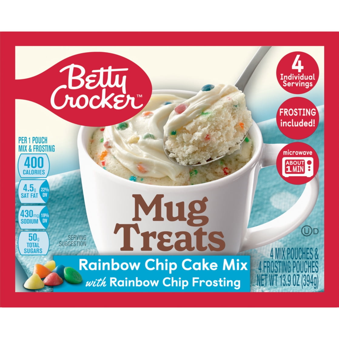 (6 pack) Betty Crocker Mug Treats Rainbow Chip Cake Mix with Frosting, 4 Servings, 13.9 oz.