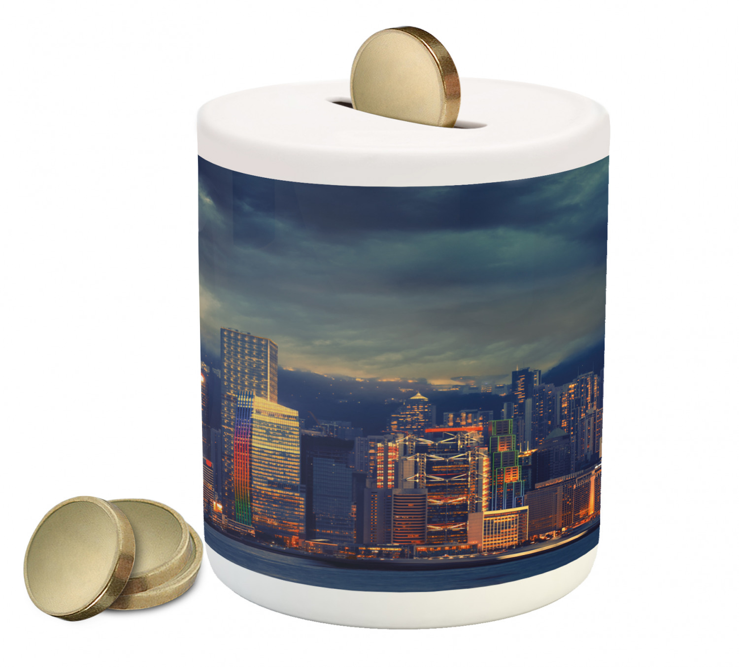 Cityscape Piggy Bank, Hong Kong Cityscape Stormy Weather Dark Cloudy Sky Waterfront Port Dramatic View, Ceramic Coin Bank Money Box for Cash Saving, 3.6" X 3.2", Multicolor, by Ambesonne - image 1 of 4