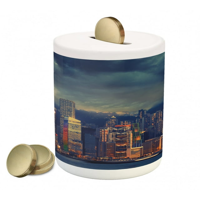 Cityscape Piggy Bank, Hong Kong Cityscape Stormy Weather Dark Cloudy Sky Waterfront Port Dramatic View, Ceramic Coin Bank Money Box for Cash Saving, 3.6" X 3.2", Multicolor, by Ambesonne