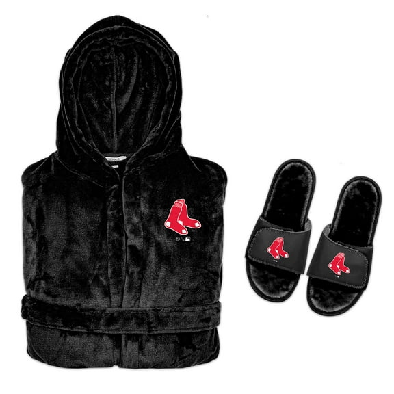 Men's ISlide  Black Boston Red Sox Hooded Phantom Robe & Fur Slide Bundle