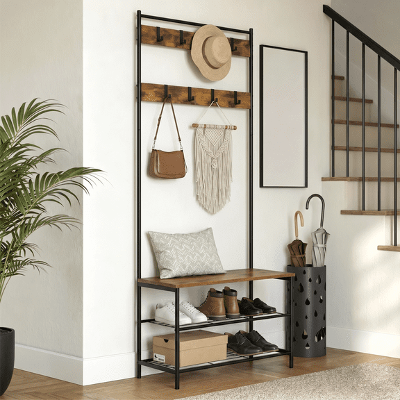 Hall Tree with Shoe Storage Bench, 4-in-1 Entryway Coat Rack Stand with 9 Hooks & Metal Shelves, Industrial Entryway Organizer, Rustic Brown & Black Steel Frame, 27.55" W x 11.81" D x 72.63" H