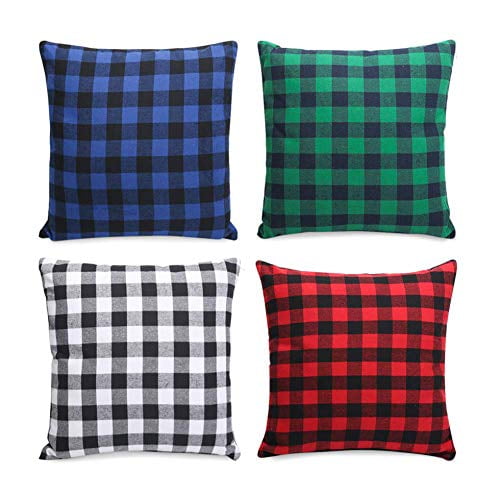 SUFAM Set of 4 Pillow Cases Buffalo Checkered Plaid Dark Blue Green