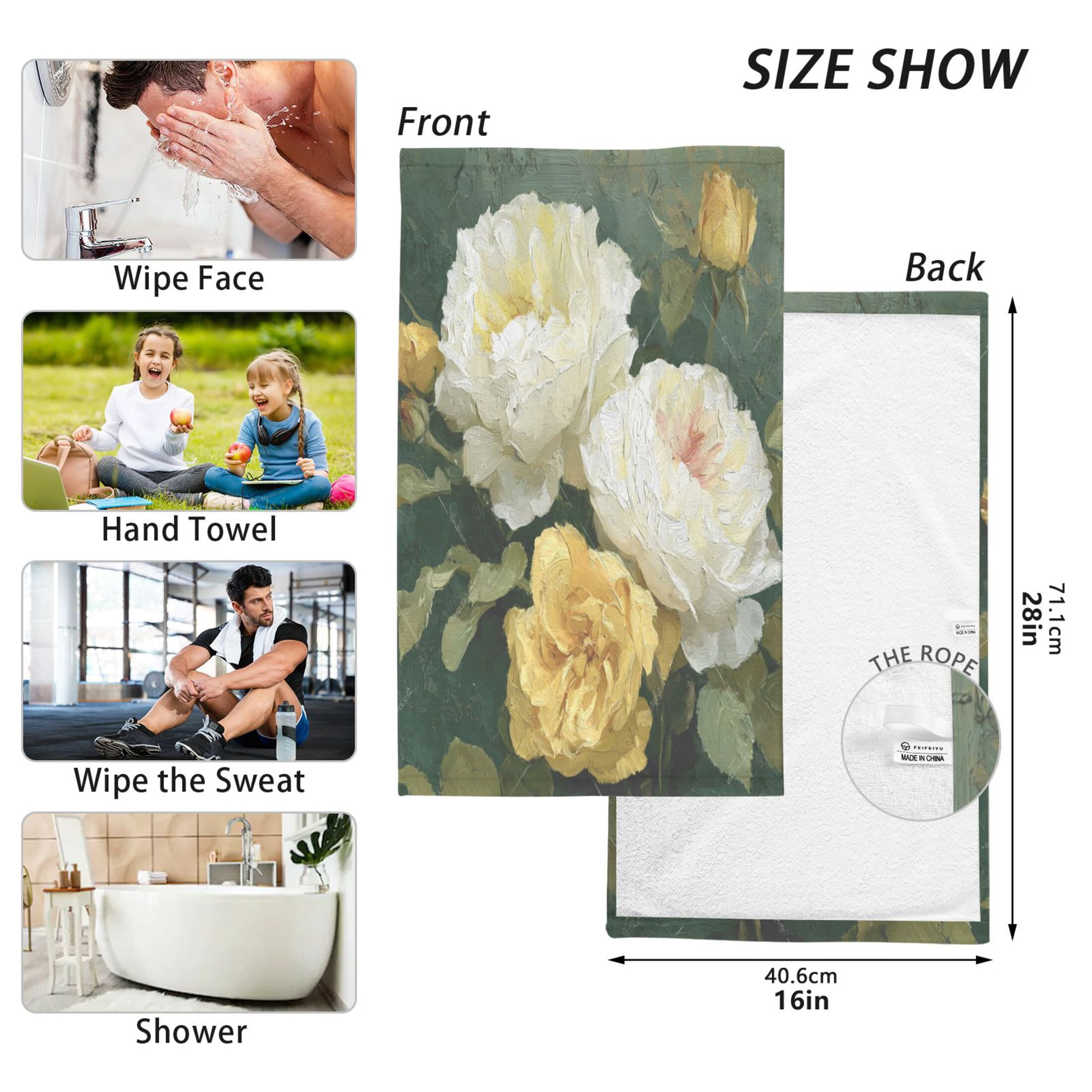 2 Pieces of Cotton Towel Face Towel Set Hand Towel Bath Towel Cotton Bath Towel Sets White Peony Olive Green