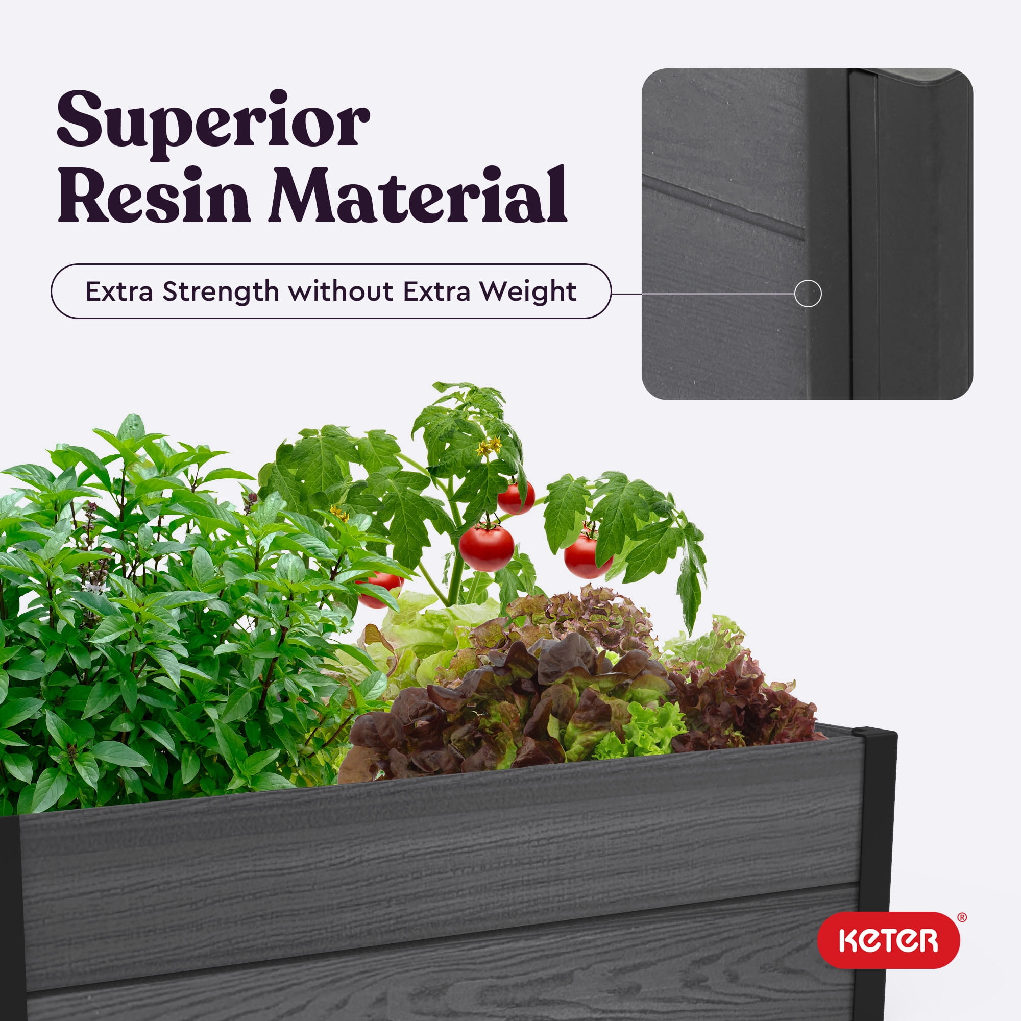 Keter 48" Wood Look Raised Garden Bed, Durable Outdoor Herb Garden Planter for Vegetables, Flowers, and Succulents, Grey