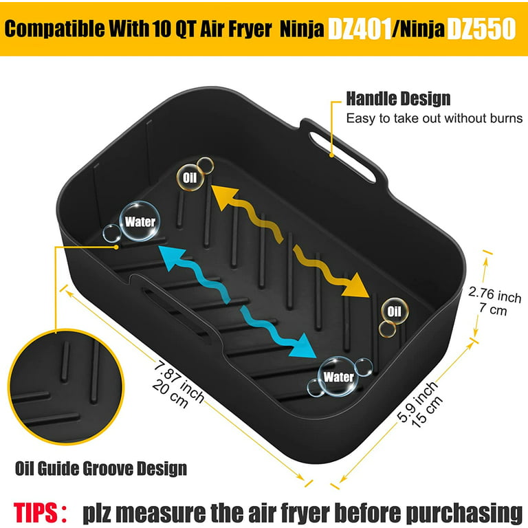 10QT Air Fryer Silicone Liners, 2Pcs Rectangular Airfryer Silicone Pot  Baking Tray Reusable Replacement Basket Insert for Ninja DZ401/DZ550, Non-stick, Easy Cleaning, Food Safe
