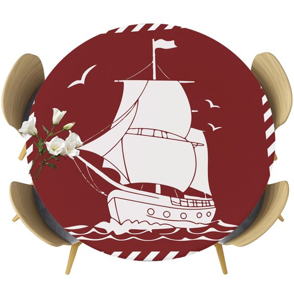 Round Fitted Tablecloths with Elastic Edge Independence Day Sailboat Oil-Proof Waterproof Wipeable Table Cover for Kitchen Dining Party Decor American Flag Star Red Navy Blue Table Clothes,36" - 44"