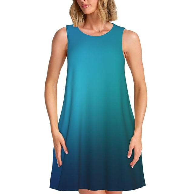 Fotbe Blue to turquoise Vestido de Verano sin Mangas para Mujer – Vestido Midi Línea A, Estilo Camiseta Floral, Vestido Playero Casual y Fluido