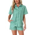 thumbnail image 1 of Conjuntos de pijama de cuadros para mujer INSPIRE CHIC de 2 piezas, camiseta de manga corta con botones y pantalones cortos con bolsillos, L verde, 1 of 5