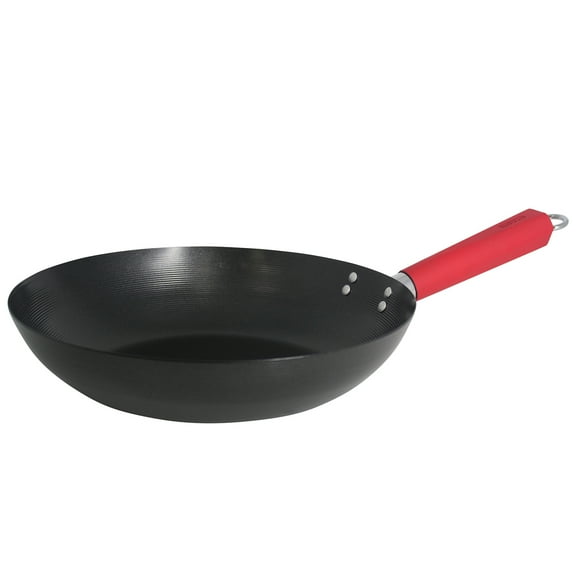 IMUSA 12in Carbon Steel Nonstick Wok with Red Soft Touch Handle, Black