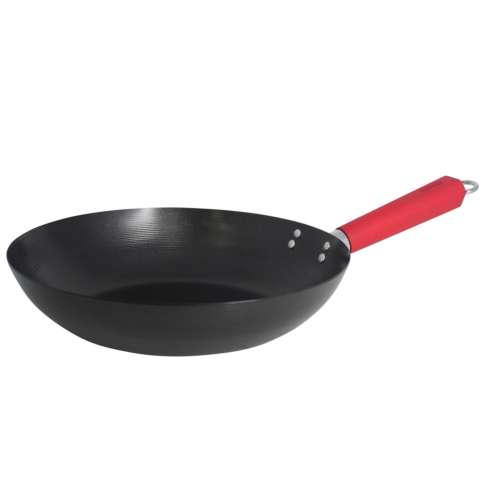 IMUSA 12in Carbon Steel Nonstick Wok with Red Soft Touch Handle Black