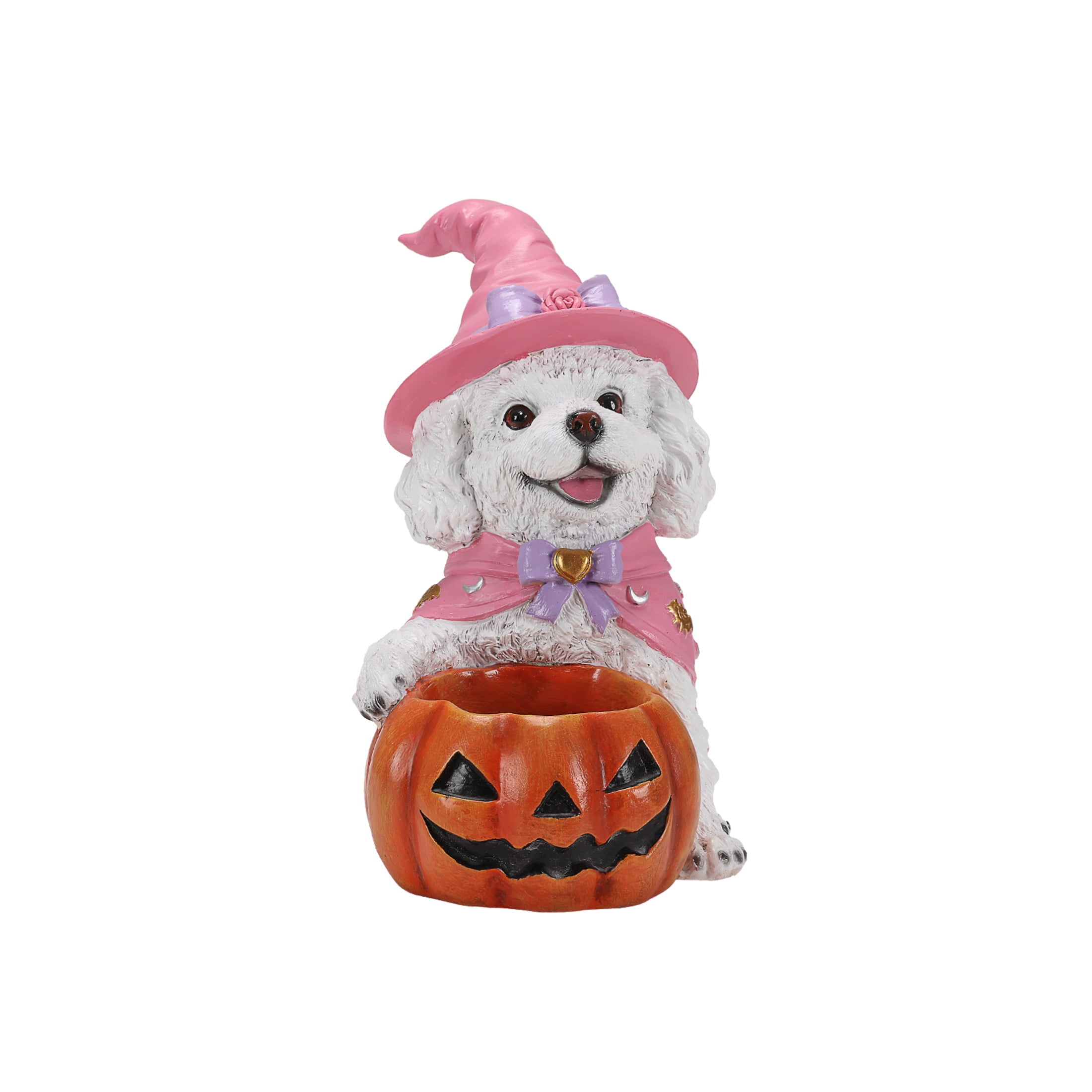Noble House Halloween Teddy Dog Witch Puppy Figurine with Pumpkin Candy Bowl, Decorative Statue, White