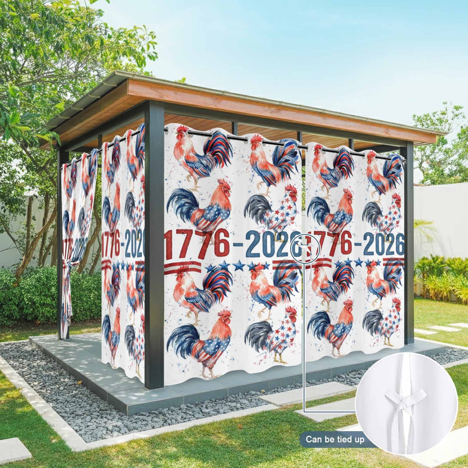 Independence Day Outdoor Curtains for Patio, Watercolor Red Blue America Flag Rooster Sunshade Privacy Drapes Grommet Waterproof Outside Curtains for Porch/Cabana/Balcony 54"x 108", 1 Panel