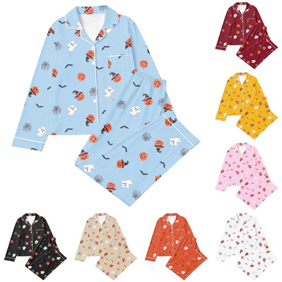 JAJAHO Girls Halloween Pajamas Pumpkin Ghost Long Sleeve Button Down Shirts Pants Kids Sleepwear Pjs Sizes 3-14Y