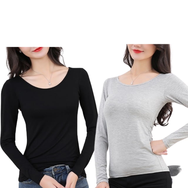 Ropa interior térmica femenina de manga larga con cuello redondo, camisa de fondo de otoño para el hogar y la Oficina, ropa interior para Prendas para la parte del cuerpo 2 piezas negro gris L Minnieouse AP013721-09