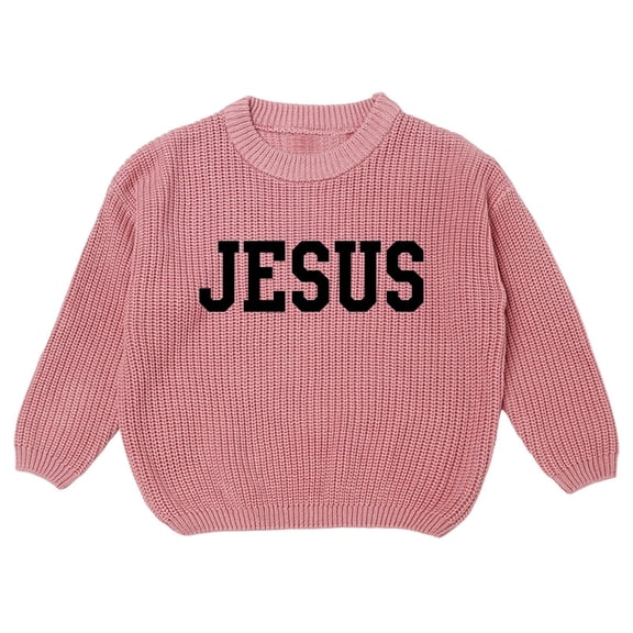 Bobifish Baby Dark Ribbed Sweater “JESUS” Letter Print Long Sleeve Knitted Crewneck Sweater Casual Travle Home Wear Boys Girls Pullover Top