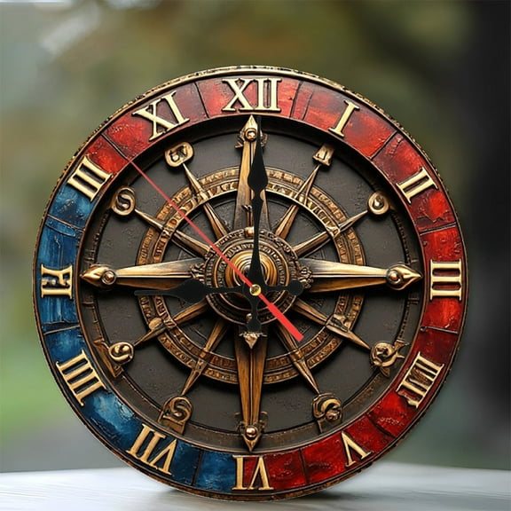 Antique Brass Compass Clock Wall Decor 10-Inch Silent Wooden Wall Clock, Battery Operated (AA Batteries Not Included), Artistic Home Decor