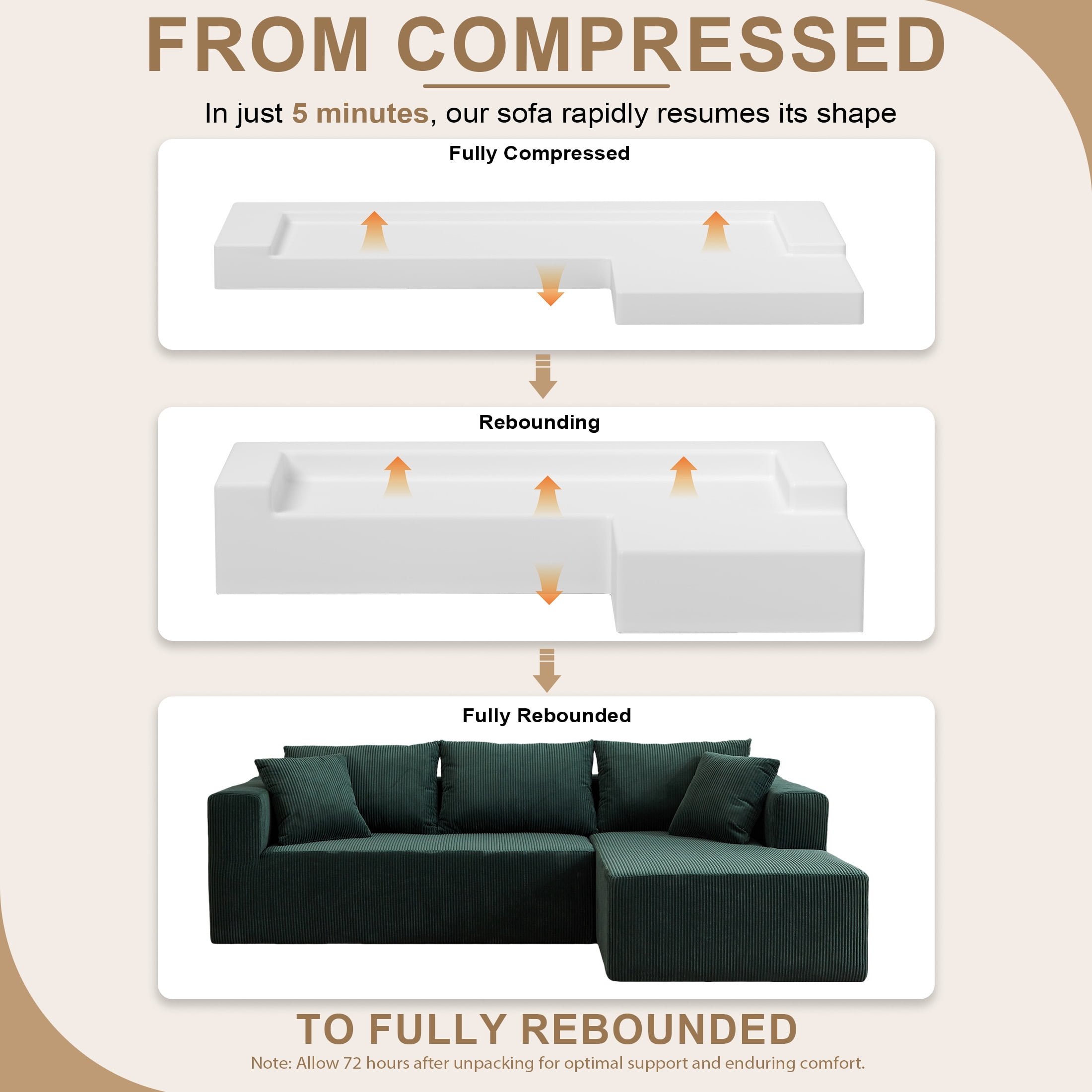AENKYO 104'' Modular L-Shape Sectional Sofa with Chaise, Comfy Deep-Seat Cloud-Couch, Corduroy - Green