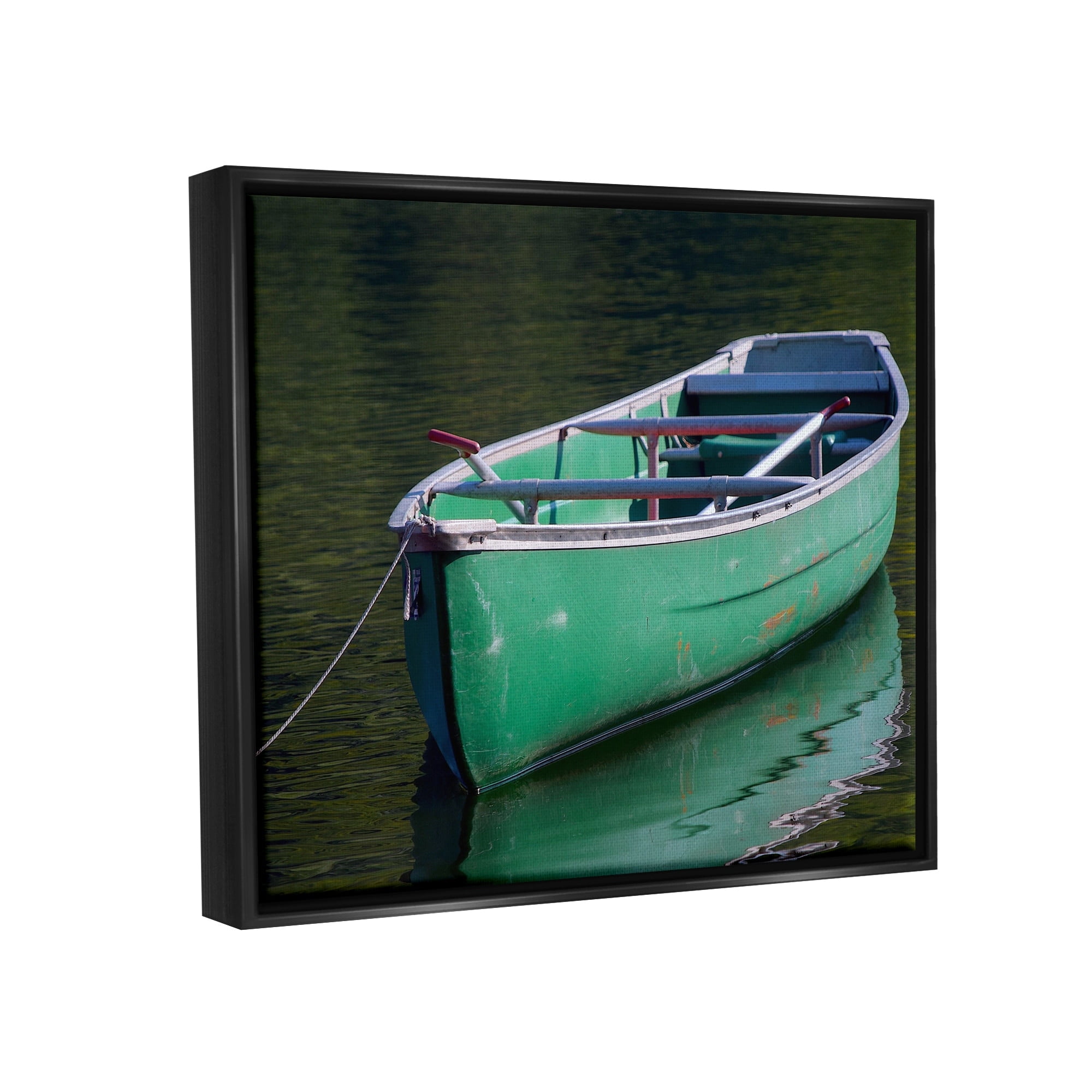 Stupell Industries Green Rowboat Canoe Floating Lake Dock Photography Photograph Jet Black Floating Framed Canvas Print Wall Art, Design by Daphne Polselli