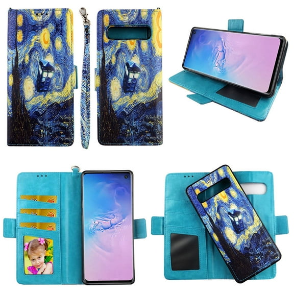 Starry Night Case for Samsung Galaxy S10 Plus (6.4”) S 10   Magnetic Detachable Pu Leather Wallet Cover with Flap Closure and Snap-on Book Style Cases with Card Holders Wrist Strap 2 in 1 Folio Flip