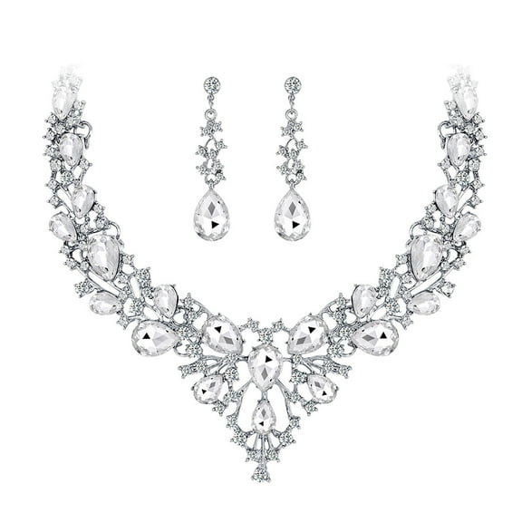 Jewelry On Clearance Necklace Earrings Alloy Rhinestone Jewelry Set Wedding Party Accessories Silver