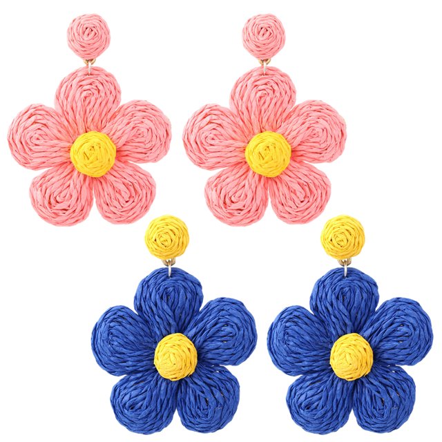 2 pares de pendientes de ratán para mujer, pendientes colgantes de flores envueltos en paja de rafia, joyería de playa Tropical de verano