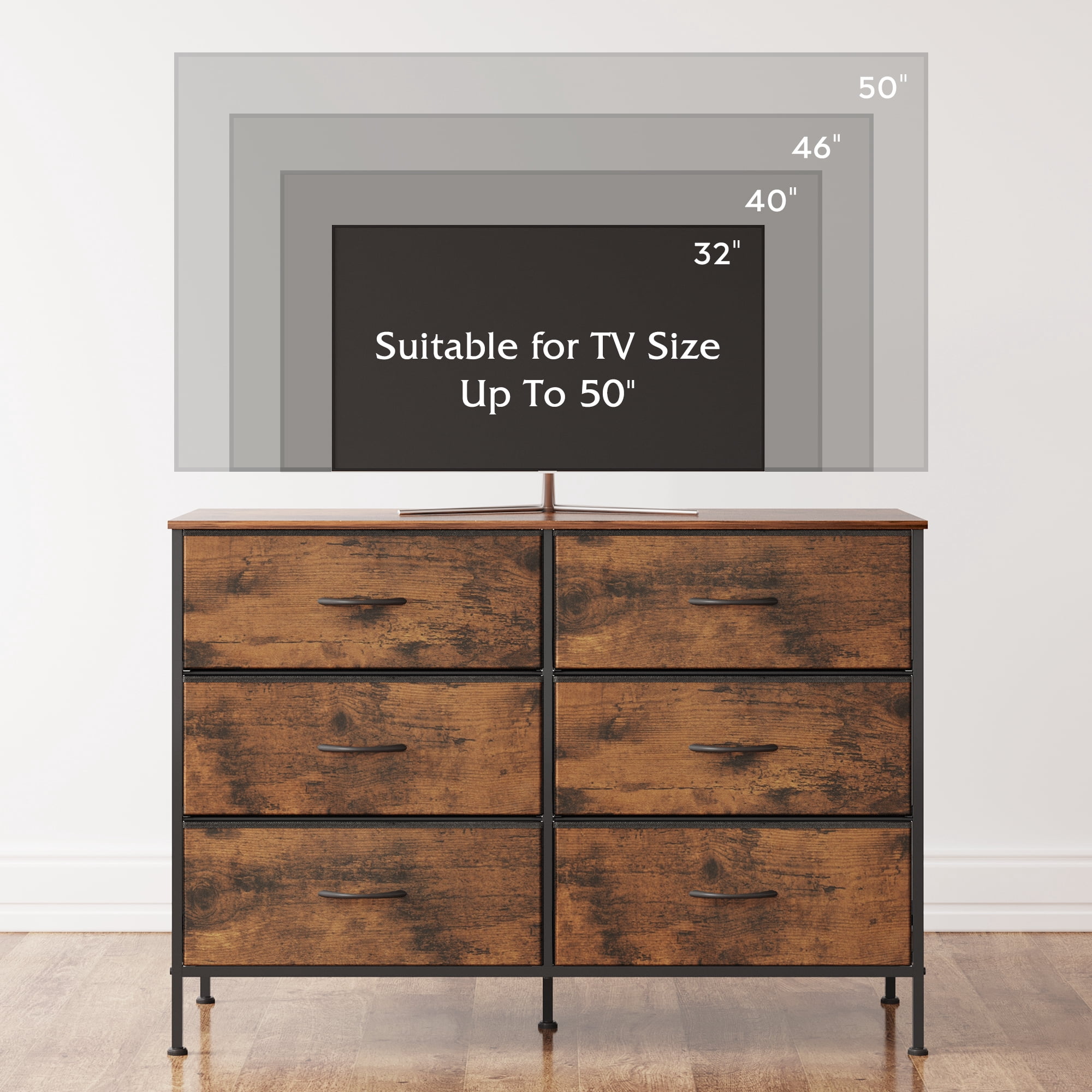 GALAXHERO 6-Drawer Fabric Dresser, 50-Inch TV Stand Wide Chest of Drawers for Bedroom, Closet, Living Room, Rustic Brown