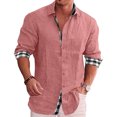 thumbnail image 1 of Camisa con botones para hombre, manga larga, cuello vuelto, patrón liso exterior, estampado interior a cuadros, camisa holgada informal suave para hombre, 1 of 6