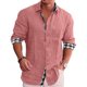 thumbnail image 1 of Camisa con botones para hombre, manga larga, cuello vuelto, patrón liso exterior, estampado interior a cuadros, camisa holgada informal suave para hombre, 1 of 6