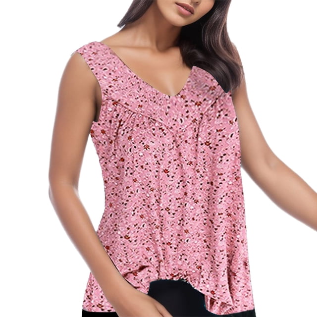 Womens Tops Fashion V Printed Broken Flowers Sleeveless Shirt Basic Tee T Shirts for Women Pink M