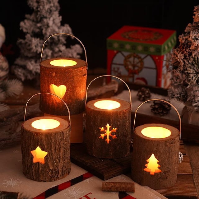 Candelabro de madera navideña gris | Taza de vela aromática para centro de mesa | Decoración rústica navideña | 10x8cm Madera maciza | Regalo para casa, cena, repisa, salón