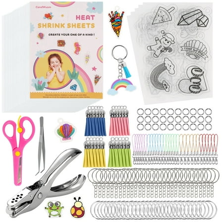CandWuom Shrinky Dink Sheets Keychains Making Kit, 168Pcs Shrink Plastic Paper Kit Including 20 Blank & 5 Pre-Printed Shrink Paper for Kids Girls Creative Craft Marking