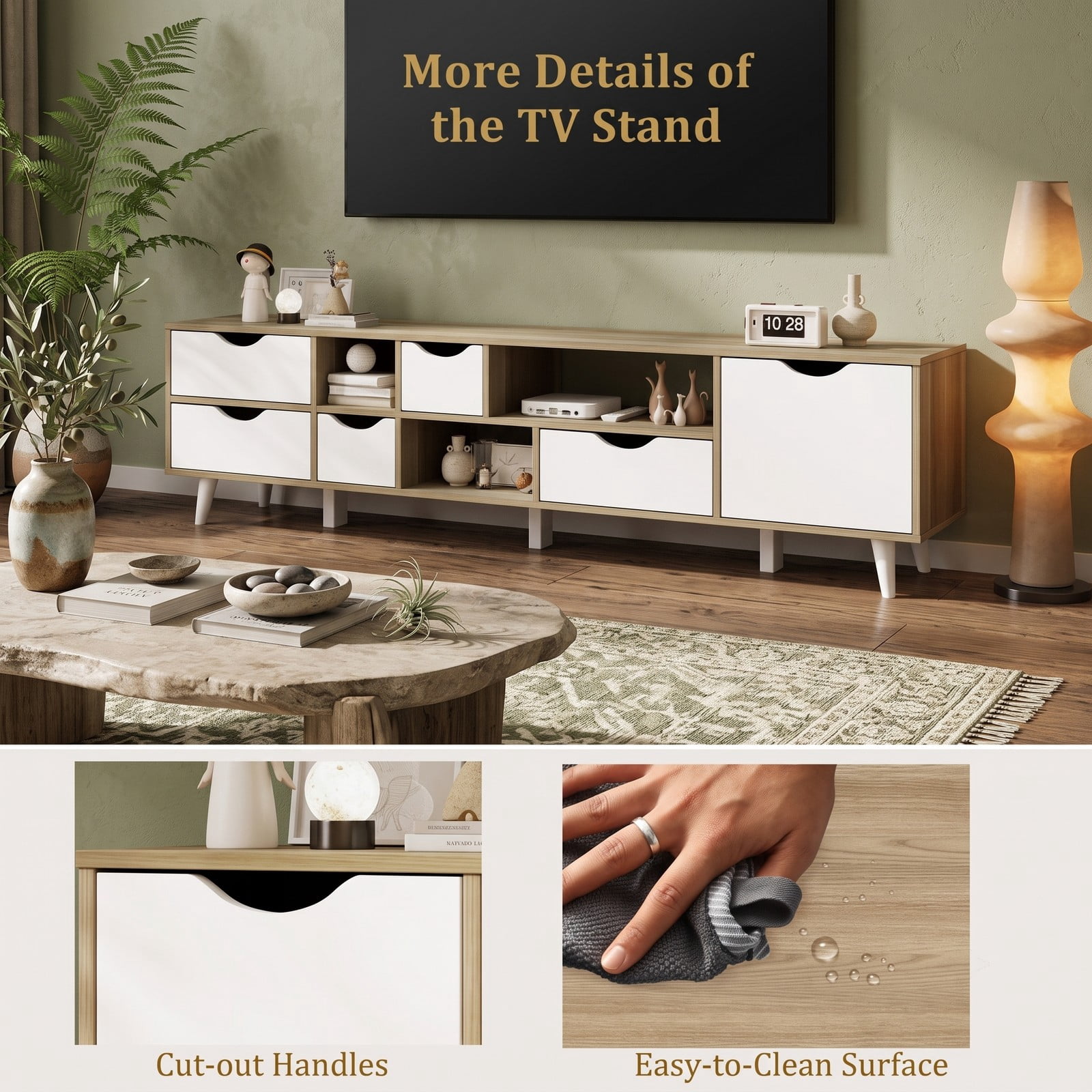 Furnibear TV Stand for TVs up to 65 Inch, Wood Entertainment Center Media Console with 5 Drawers and 3 Open Shelves, Adjustable Storage Cabinet for Living Room, Oak