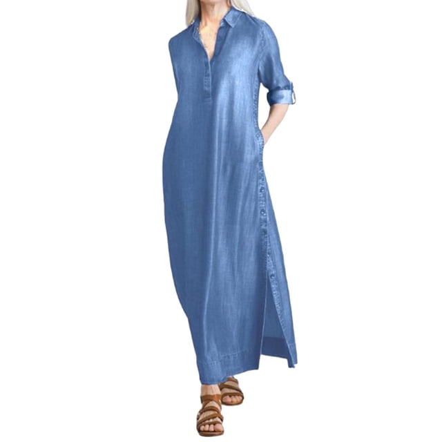 Vestido camisero largo holgado con botones y bolsillos para mujer - Mezcla de lino, estilo informal, adecuado para la playa/el trabajo, S-XXXXXL