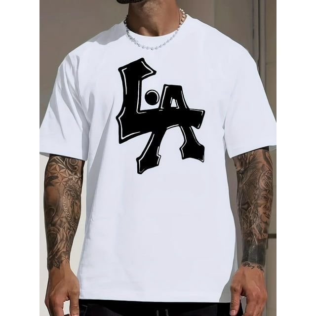 Camiseta de manga corta con cuello redondo y estampado del alfabeto de Los Ángeles. Camiseta informal de verano para hombre. Prenda elegante para exteriores con diseño de colores en contraste. Para ad