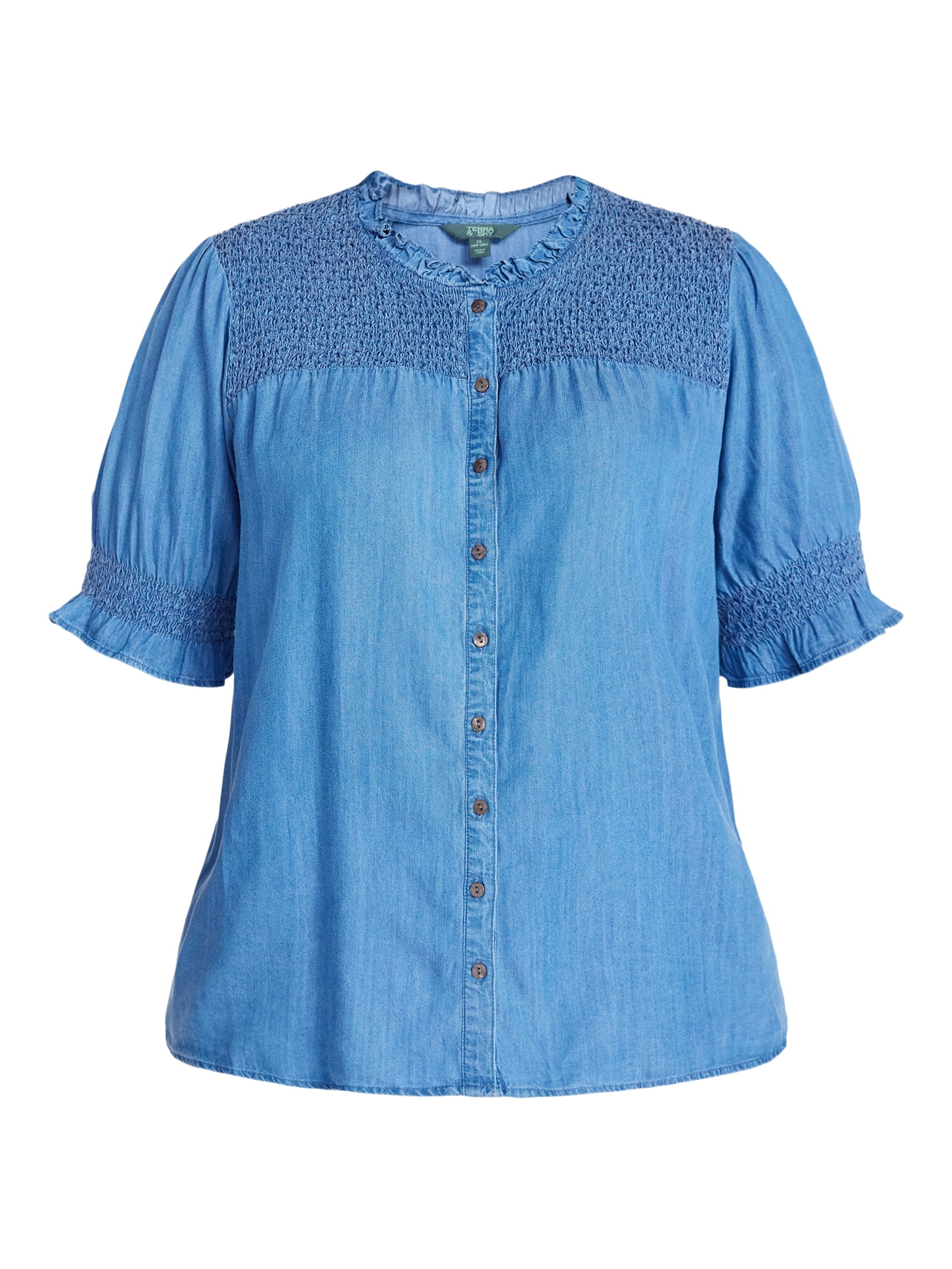 Terra & Sky Women's Plus Size Smock Yoke Top with Elbow Sleeves, Sizes 0X-5X