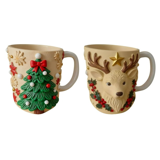 Mug Resin Festivo Árbol Renos Acero Inoxidable Taza Aislante Regalo Navideño, Taza de Resina con Linera de Acero Inoxidable, Estilo Navideño con Árbol y Renos, Aislante para Cafe y Te, Ideal para