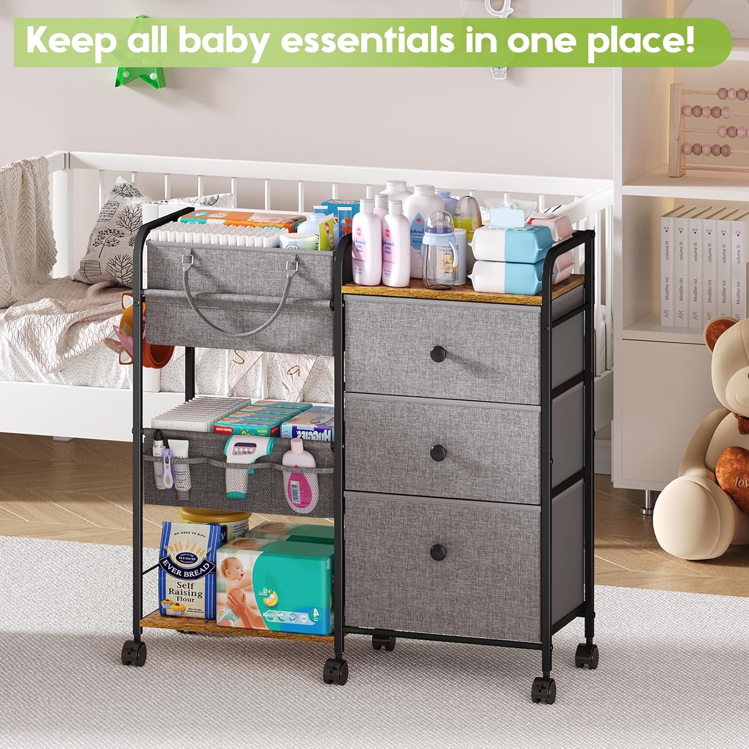 Gofinoday 2-in-1 Baby Diaper Caddy Organizer, 3-Tier Rolling Nursery Cart with Removable Caddy, Dividers, Drawers and Lockable Wheels, Gray