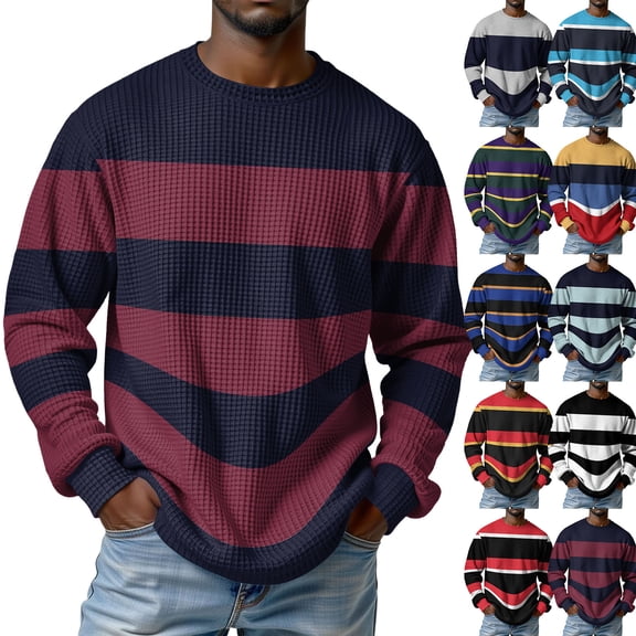 Men's Stripe Crewneck Waffle Knit Print Pullover Sweatshirt, Long Sleeve Casual Daily Top for Fall Spring,Gray,L