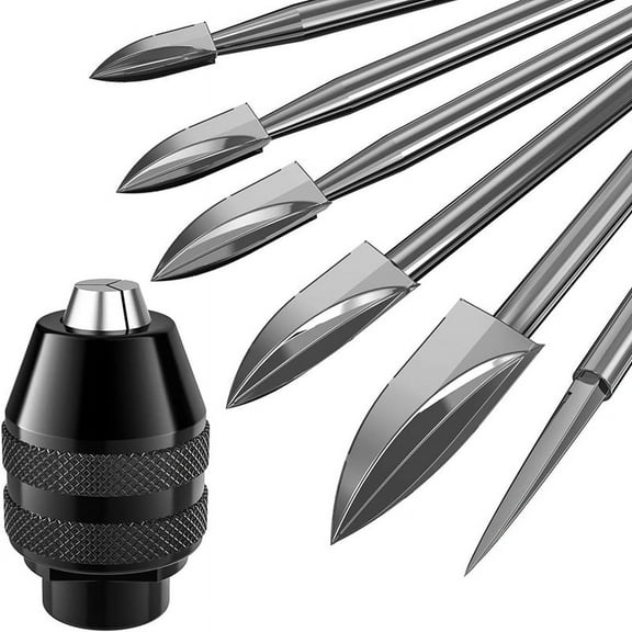 7Pcs Wood Carving Bits, 1/8inchShank HSS Engraving Drill Tool Wood Crafts Grinding Accessories with 4486 Chuck,5 X HSS wood carving bits 1 X positioning tool 1 X quick change keyless chuck,Silver