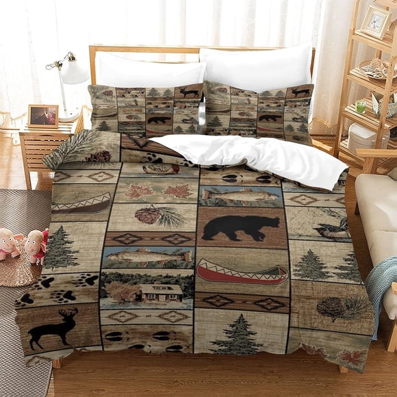 LAICAIW 3 Piece 3 Piece Set on Bed Lodge Quilt Bedding Set-Wildlife Patch-Rustic Cabin Country Reversible Camping Comforter Set with Decorative Pillow, Brown Twin(173x218cm)