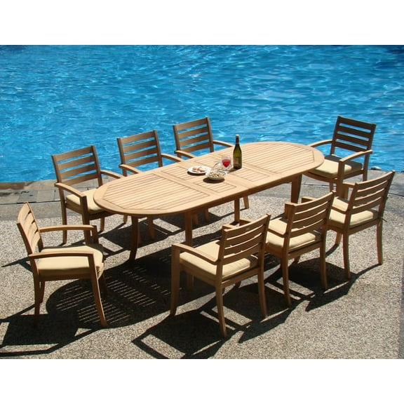 Teak Dining Set:8 Seater 9 Pc - 94" Oval Table And 8 Travota Stacking Arm Chairs Outdoor Patio Grade-A Teak Wood WholesaleTeak #WMDSTV7