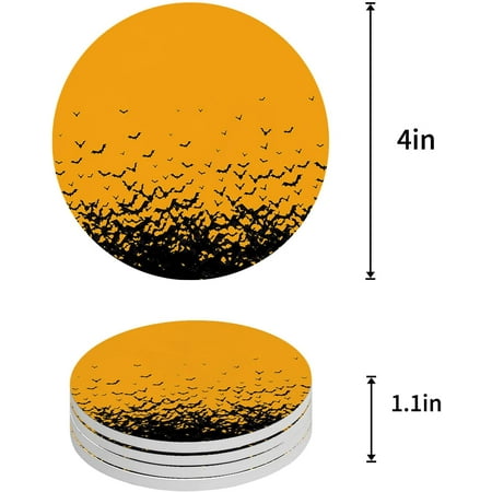 

FMSHPON Halloween Black Bat Silhouette Orange Set of 6 Round Coaster for Drinks Absorbent Ceramic Stone Coasters Cup Mat with Cork Base for Home Kitchen Room Coffee Table Bar Decor