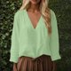 thumbnail image 1 of MHFRRA Camiseta Holgada de Manga Larga con Cuello En V Informal de Color Liso Verde Claro, 1 of 7